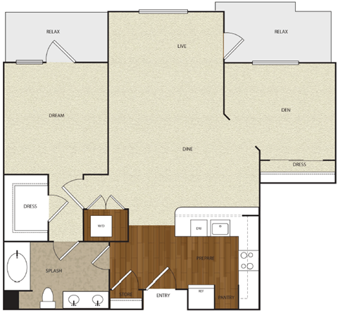 Floor plan for 1 bed, 1 bath, 934 sqft